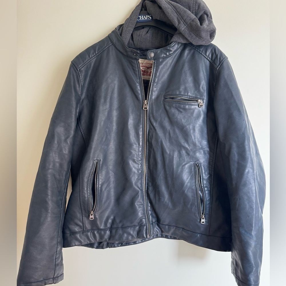 Levi's Faux Lather Jacket Biker Moto Zip Black/Gray Men XL Hood Thrashed Y2K
